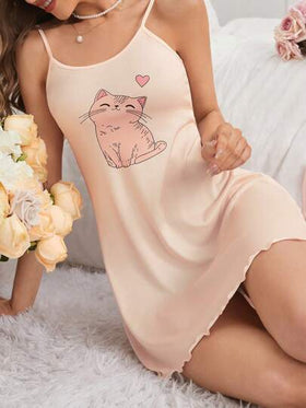 SHEIN قميص نوم طباعة القط كامي