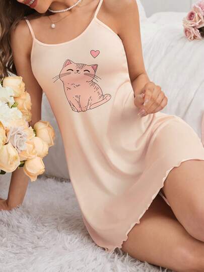 SHEIN قميص نوم طباعة القط كامي
