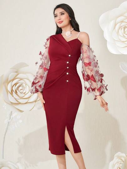 Modelyn فستان سهرة طويل من الشبك المنسوج بطرز الفراشة باللون البوردو الأحمر مع تفاصيل انسيابية