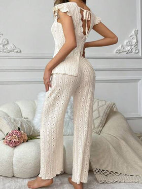 SHEIN مجموعة بيجاما نسائية مزينة بدانتيل للظهر، تصميم خلفي عاري وشريط مربوط