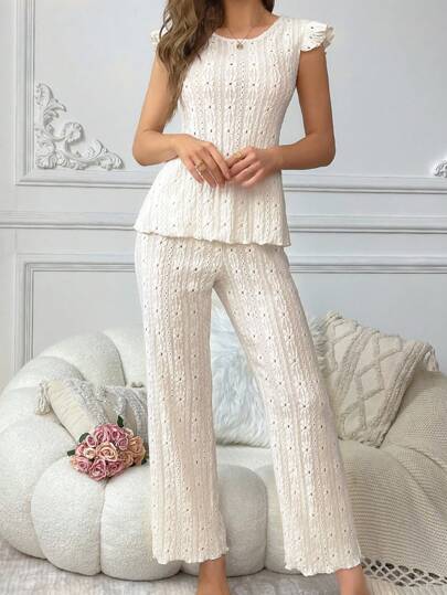 SHEIN مجموعة بيجاما نسائية مزينة بدانتيل للظهر، تصميم خلفي عاري وشريط مربوط