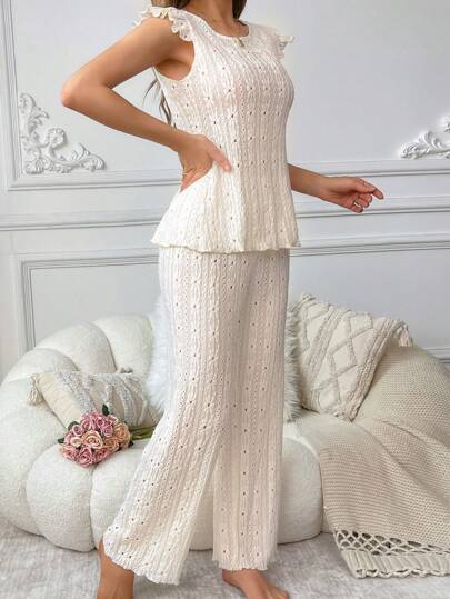 SHEIN مجموعة بيجاما نسائية مزينة بدانتيل للظهر، تصميم خلفي عاري وشريط مربوط