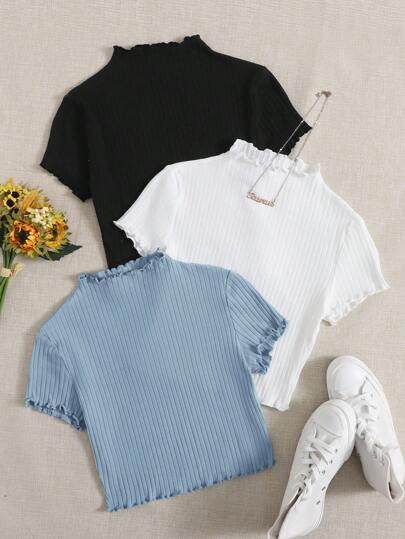 SHEIN EZwear 3 حبات تيشيرت بياقة واقفة وحافة ذات جوانب مموجة
