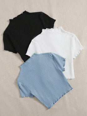 SHEIN EZwear 3 حبات تيشيرت بياقة واقفة وحافة ذات جوانب مموجة