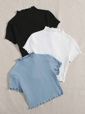 SHEIN EZwear 3 حبات تيشيرت بياقة واقفة وحافة ذات جوانب مموجة