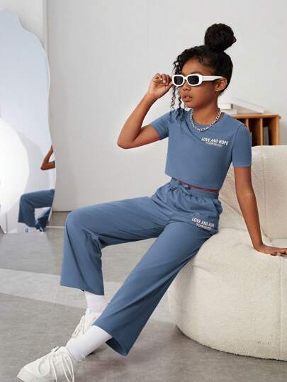 girls-sets مجموعة قميص قصير الأكمام مطبوع عليه حرف محبوك للفتيات المراهقات + سروال رياضي فضفاض