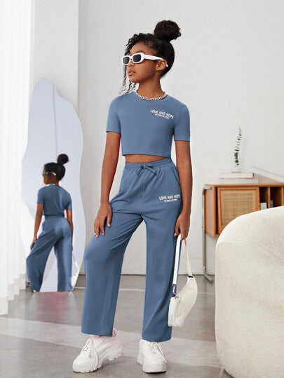 girls-sets مجموعة قميص قصير الأكمام مطبوع عليه حرف محبوك للفتيات المراهقات + سروال رياضي فضفاض