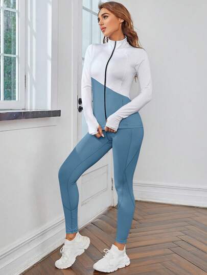 SHEIN Sport Studio دعت ملابس لياقة بلون أبلوك 2 قطعة ، جاكيت وجاكيت ولباس تدريب، مجموعة ملابس لصالة الألعاب الرياضية والمرأة