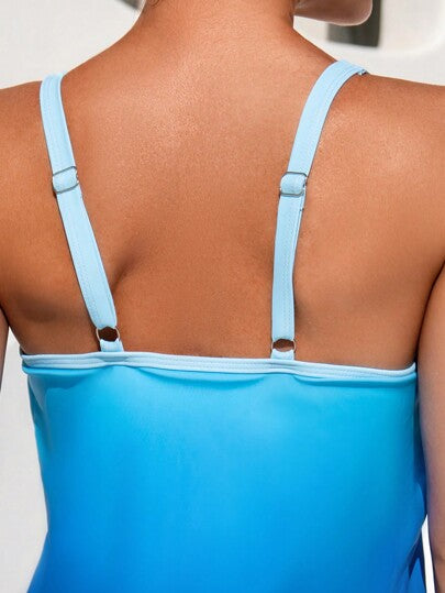 طقم تانكيني حريمي Swim Lushoire مجموعة بيكيني مرتفع الخصر بلون صلب مع حمالات كتف رفيعة للنساء و نقشة اللون التدريجي النسائية