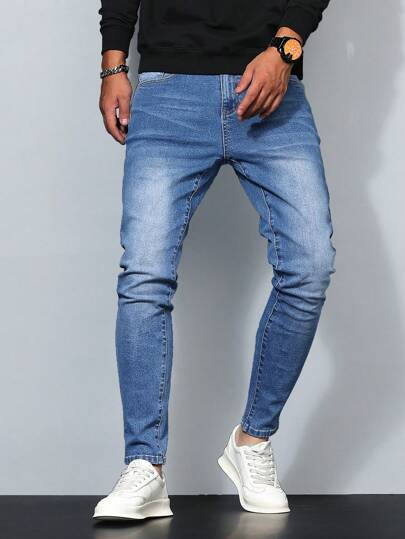 Manfinity Homme جينز غسيل مناسب ضيق كاجوال للرجال، جينز ضيق نسق طويل أزرق داكن غسيل طويل بأجيب، هدايا للزوج والحبيب