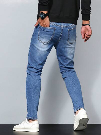 Manfinity Homme جينز غسيل مناسب ضيق كاجوال للرجال، جينز ضيق نسق طويل أزرق داكن غسيل طويل بأجيب، هدايا للزوج والحبيب