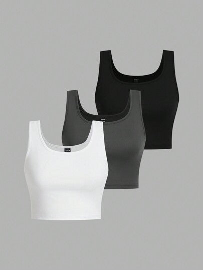EZwear طقم 3 قطع خزان ملابس علوية كاجوال مقصر بدون أكمام للنساء باللون الأسود والأبيض والرمادي، مناسب للصيف
