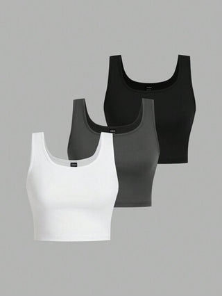 EZwear طقم 3 قطع خزان ملابس علوية كاجوال مقصر بدون أكمام للنساء باللون الأسود والأبيض والرمادي، مناسب للصيف