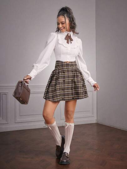 Forever 21 تنورة نسائية بتصميم مربعات مزينة بأزرار