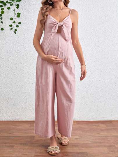 SHEIN بدلة قصيرة واسعة الساقين وجلابية للحوامل بربطة أمامية ومسافات أشرطة رفيعة