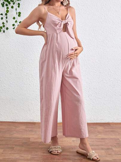 SHEIN بدلة قصيرة واسعة الساقين وجلابية للحوامل بربطة أمامية ومسافات أشرطة رفيعة