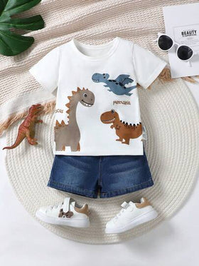 SHEIN Vintaside Kids طقم بلوزة طبعة رسالة الديناصورات وشورت جينز للأولاد