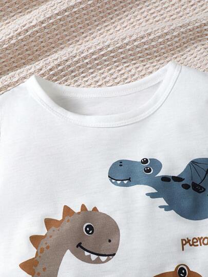 SHEIN Vintaside Kids طقم بلوزة طبعة رسالة الديناصورات وشورت جينز للأولاد
