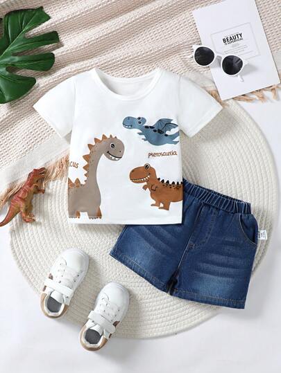 SHEIN Vintaside Kids طقم بلوزة طبعة رسالة الديناصورات وشورت جينز للأولاد