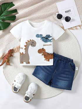 SHEIN Vintaside Kids طقم بلوزة طبعة رسالة الديناصورات وشورت جينز للأولاد
