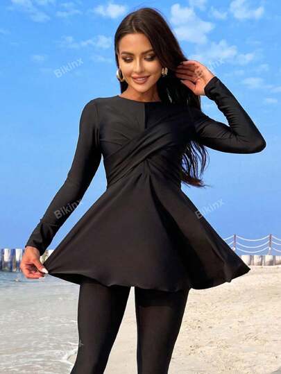 طقم تانكيني حريمي Bikinx ملابس سباحة تنكي مع ملابس علوية مطوي متقاطع و بنطلون قصير لموسم الصيف