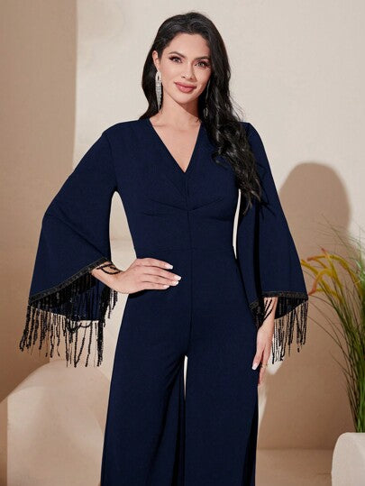 Modelyn أنيق السراويل الطويلة بأطراف مزينة بالشراب للنساء