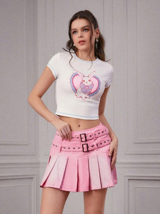 Forever 21 تنورة دنيم قصيرة زهرية بشقوق مع حزام مشبك