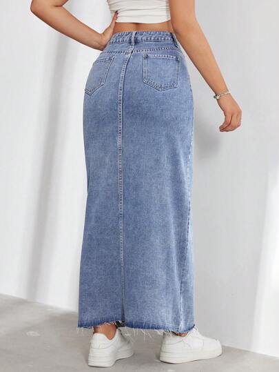 EZwear تنورة جينز طويلة للنساء مع إغلاق أزرار أمامي