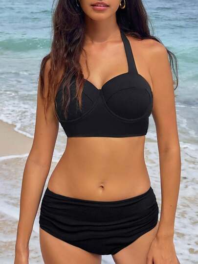 طقم تانكيني حريمي Swim مجموعة تانكيني (سترة + سروال) للنساء مكونة من: حمالة صدرية بساتر وبحزام رقبة، وسروال مُنسدل مُطوي للصيف