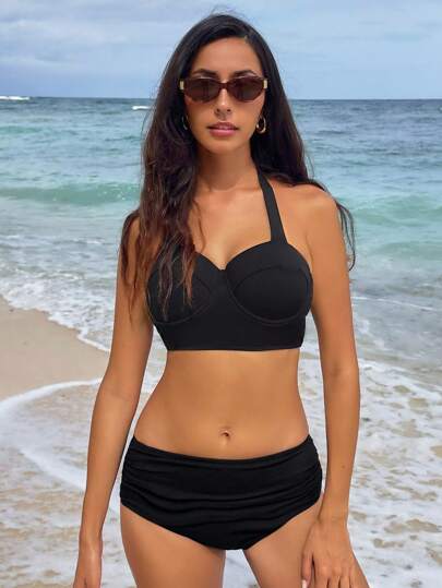 طقم تانكيني حريمي Swim مجموعة تانكيني (سترة + سروال) للنساء مكونة من: حمالة صدرية بساتر وبحزام رقبة، وسروال مُنسدل مُطوي للصيف