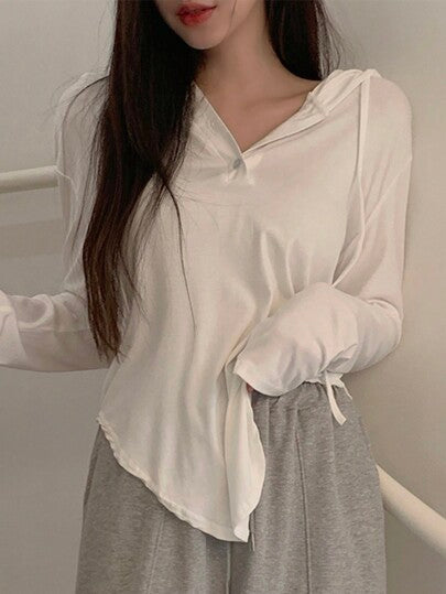 DAZY تي شيرت نسائي مع هود وذيل غير متماثل، أكمام طويلة، ملابس علوية نسائي صيفي رمضان