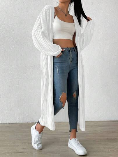 EZwear معطف أنثوي كاجوال موسمي معصوب ساقط الكتف أسود سادة عريض، معاطف حريمي سادة بيضاء ملائمة للارتداء اليومي الكاجوال