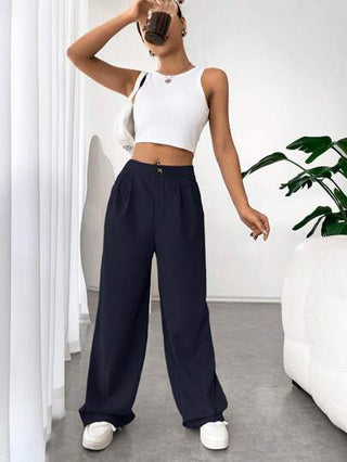 EZwear بنطال واسع بطول الساق اللون الصلب المجعد