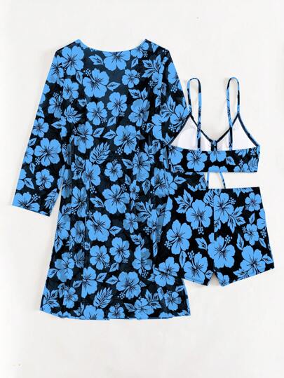 SHEIN Swim مجموعة بيكيني نسائية بطبعة زهور عدد 3 قطع لصيف الشاطئ