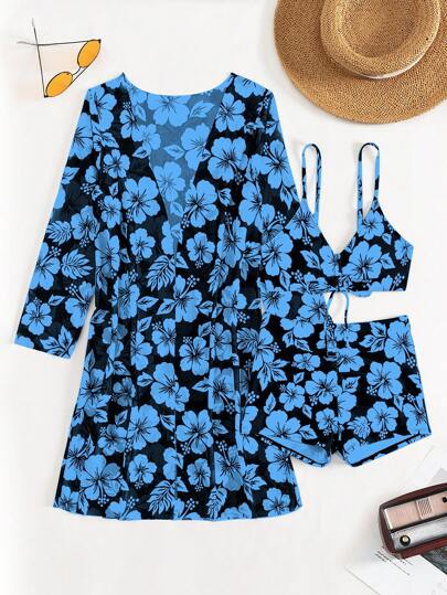 SHEIN Swim مجموعة بيكيني نسائية بطبعة زهور عدد 3 قطع لصيف الشاطئ