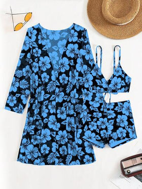 SHEIN Swim مجموعة بيكيني نسائية بطبعة زهور عدد 3 قطع لصيف الشاطئ