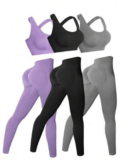 SHEIN Sport Studio طقم حريري مكون من كروب لون سادة بظهر ملفوف وتايتس للياقة البدنية، ملابس تمرين، طقم ملابس تمرين للنساء، طقم تايتس للنساء