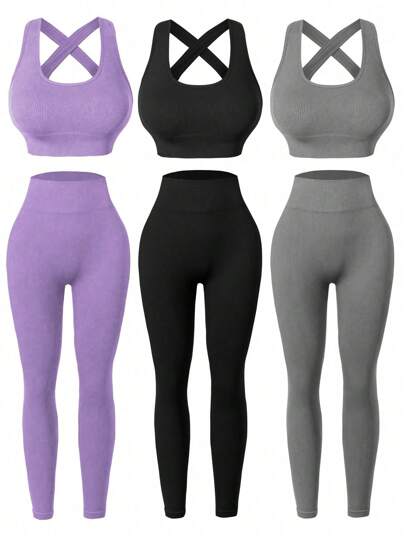 SHEIN Sport Studio طقم حريري مكون من كروب لون سادة بظهر ملفوف وتايتس للياقة البدنية، ملابس تمرين، طقم ملابس تمرين للنساء، طقم تايتس للنساء