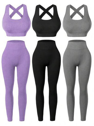 SHEIN Sport Studio طقم حريري مكون من كروب لون سادة بظهر ملفوف وتايتس للياقة البدنية، ملابس تمرين، طقم ملابس تمرين للنساء، طقم تايتس للنساء