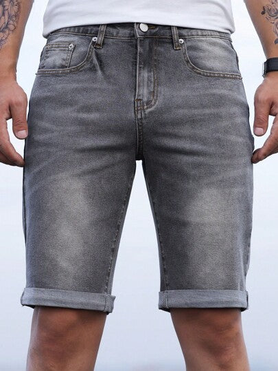 Manfinity Homme شورت دينم مغسول مستقيم للرجال