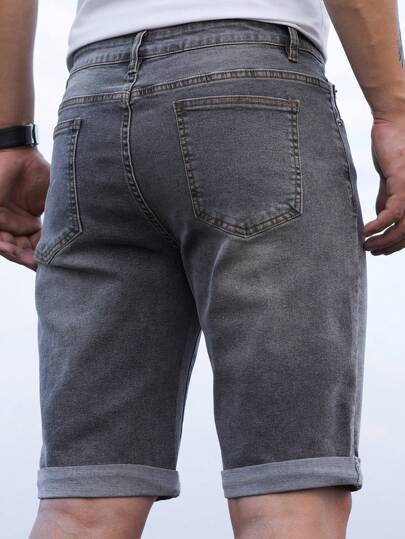 Manfinity Homme شورت دينم مغسول مستقيم للرجال