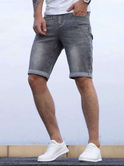 Manfinity Homme شورت دينم مغسول مستقيم للرجال