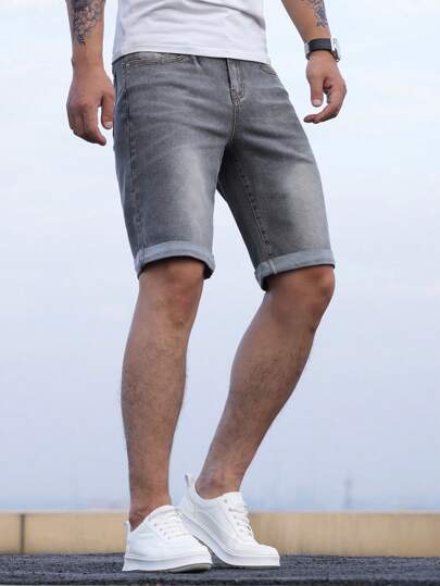 Manfinity Homme شورت دينم مغسول مستقيم للرجال
