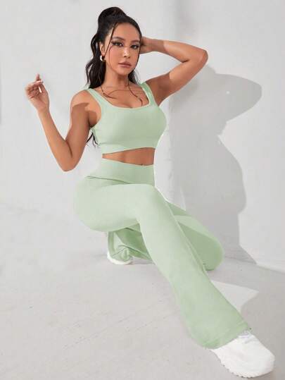 SHEIN Sport Studio طقم بنطلون وصدرية رياضية صلبة للنساء