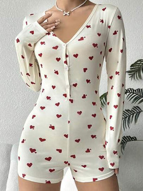 SHEIN رومبير نوم بأكمام طويلة مطبوعة بالقلوب، خريف وشتاء