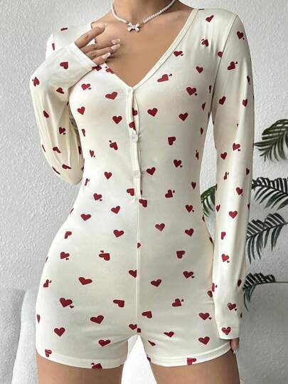 SHEIN رومبير نوم بأكمام طويلة مطبوعة بالقلوب، خريف وشتاء