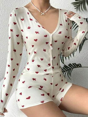 SHEIN رومبير نوم بأكمام طويلة مطبوعة بالقلوب، خريف وشتاء