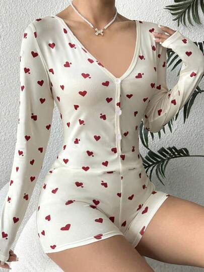 SHEIN رومبير نوم بأكمام طويلة مطبوعة بالقلوب، خريف وشتاء
