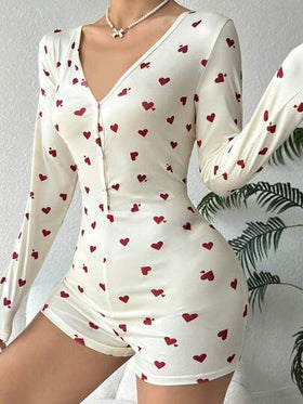 SHEIN رومبير نوم بأكمام طويلة مطبوعة بالقلوب، خريف وشتاء