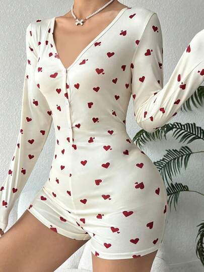 SHEIN رومبير نوم بأكمام طويلة مطبوعة بالقلوب، خريف وشتاء